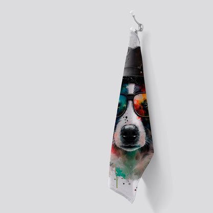 Border Collie Dog With Glasses Splashart Tea Towel