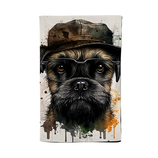 Border Terrier Dog With Glasses Splashart Tea Towel