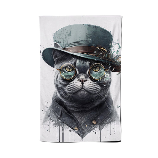 British Shorthair Cat With Glasses Splashart Tea Towel