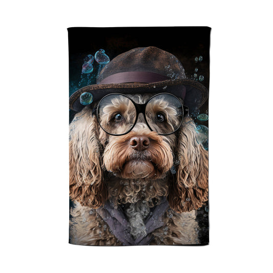 Cockapoo Dog With Glasses Splashart Tea Towel