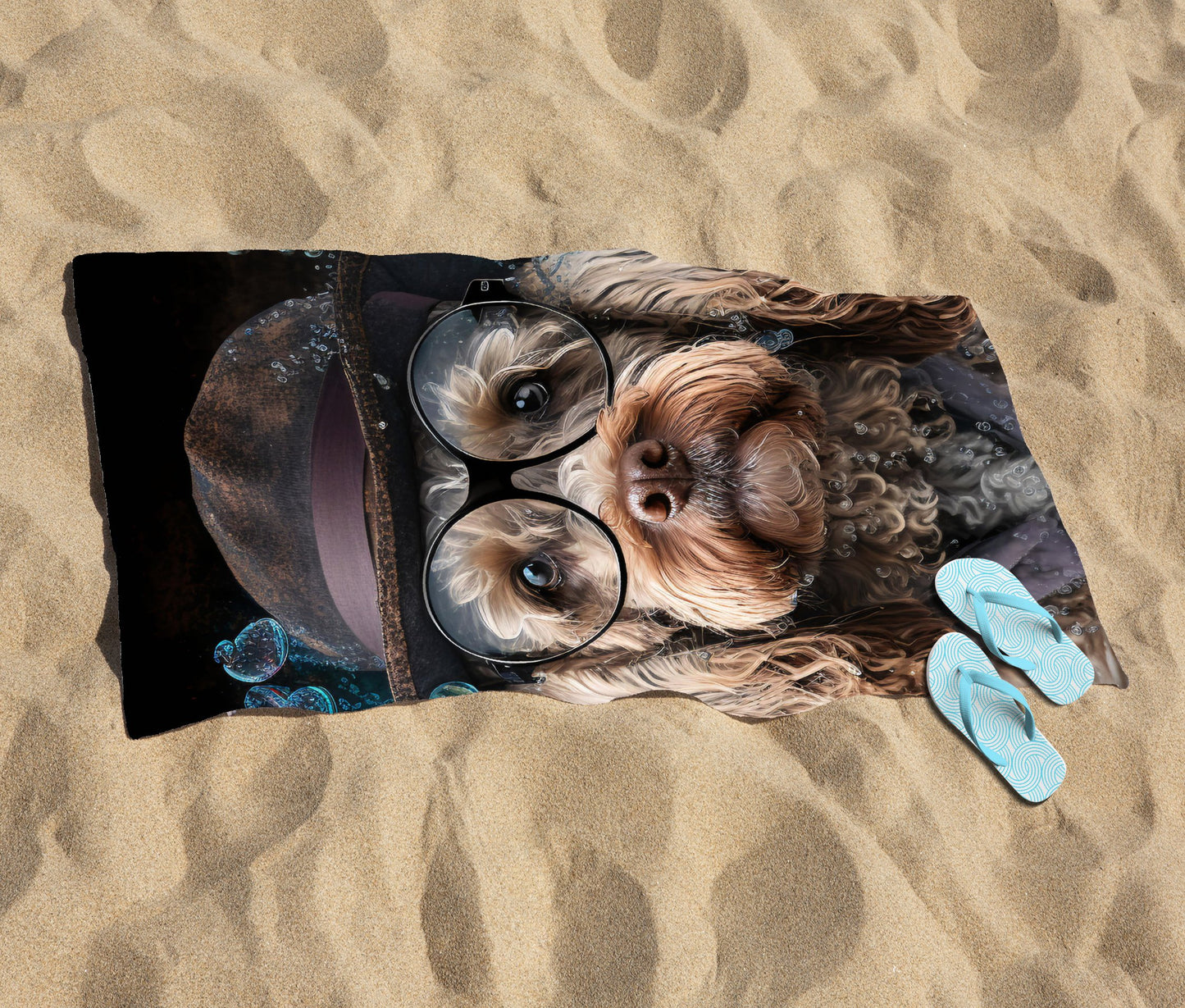 Cockapoo Dog With Glasses Splashart Beach Towel