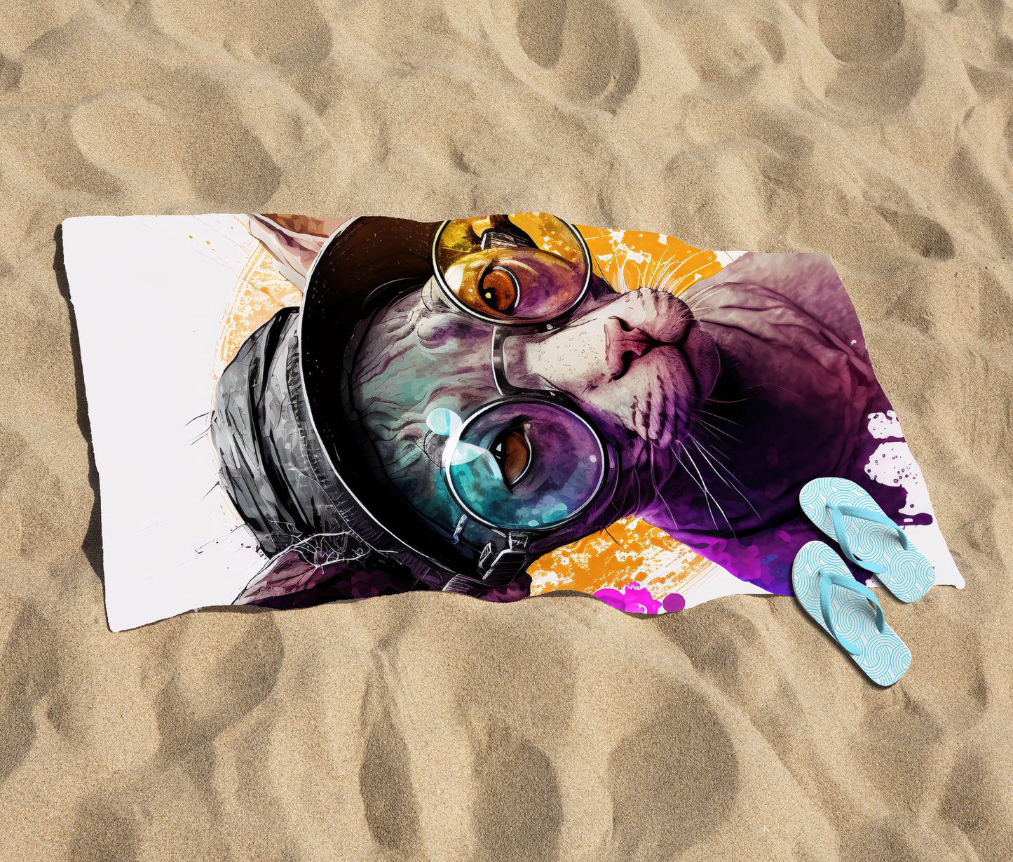 Cornish Rex With Glasses Splashart Beach Towel