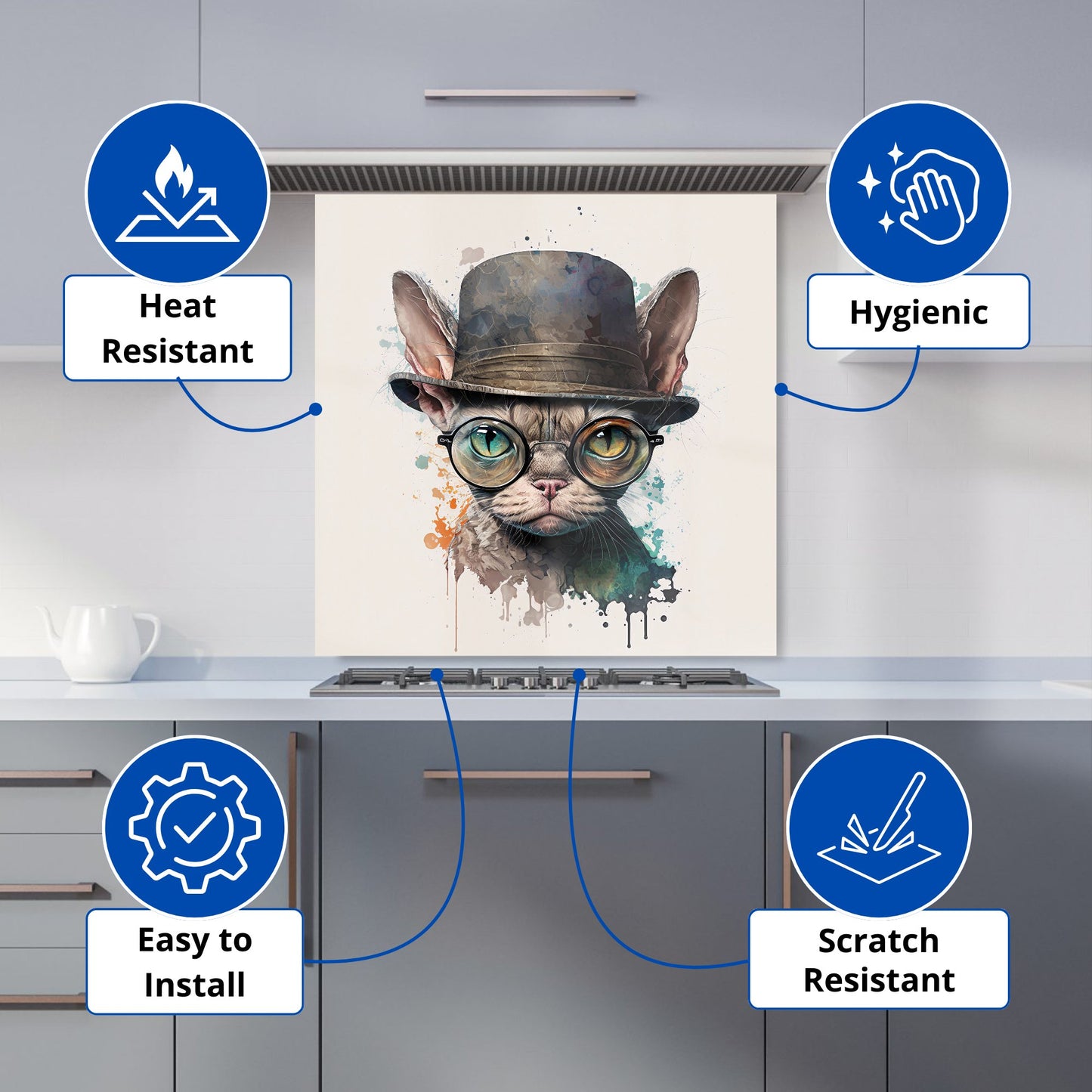 Devon Rex Cat With Glasses Splashart Kitchen Splashback