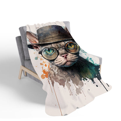 Devon Rex Cat With Glasses Splashart Sherpa Blanket