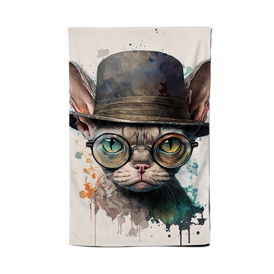 Devon Rex Cat With Glasses Splashart Tea Towel