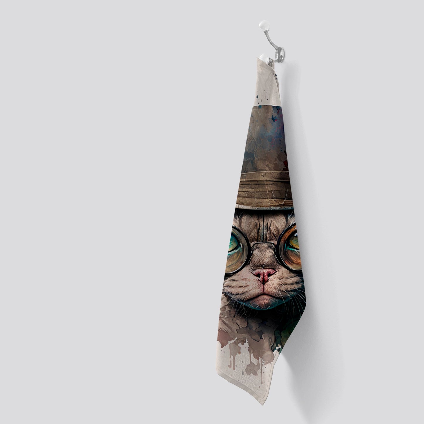 Devon Rex Cat With Glasses Splashart Tea Towel