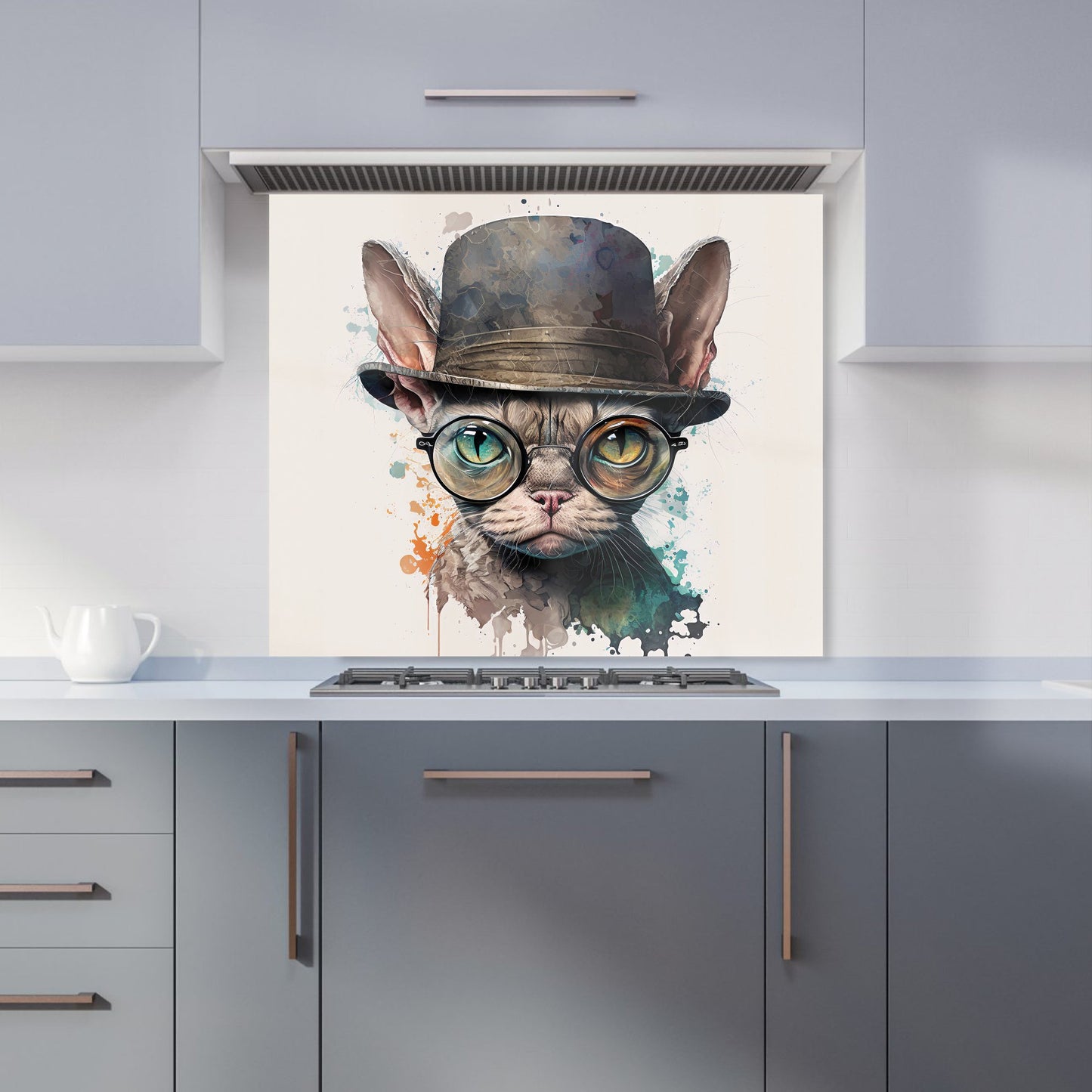 Devon Rex Cat With Glasses Splashart Kitchen Splashback