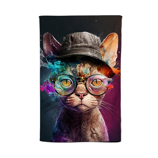 Devon Rex Cat With Hat Splashart Tea Towel