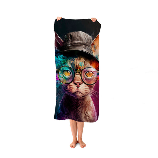Devon Rex Cat With Hat Splashart Beach Towel