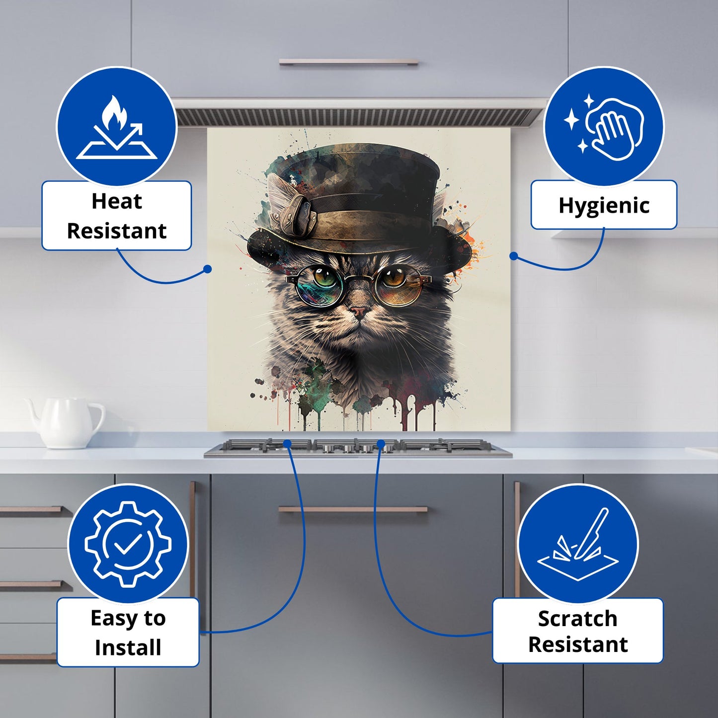Cat With Glasses And Hat Splashart Kitchen Splashback