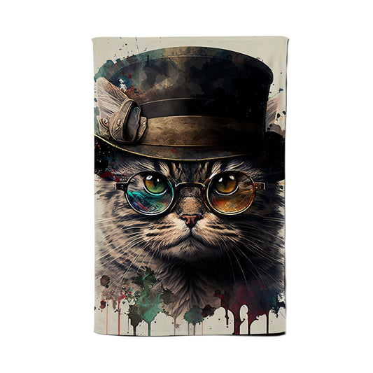 Cat With Glasses And Hat Splashart Tea Towel