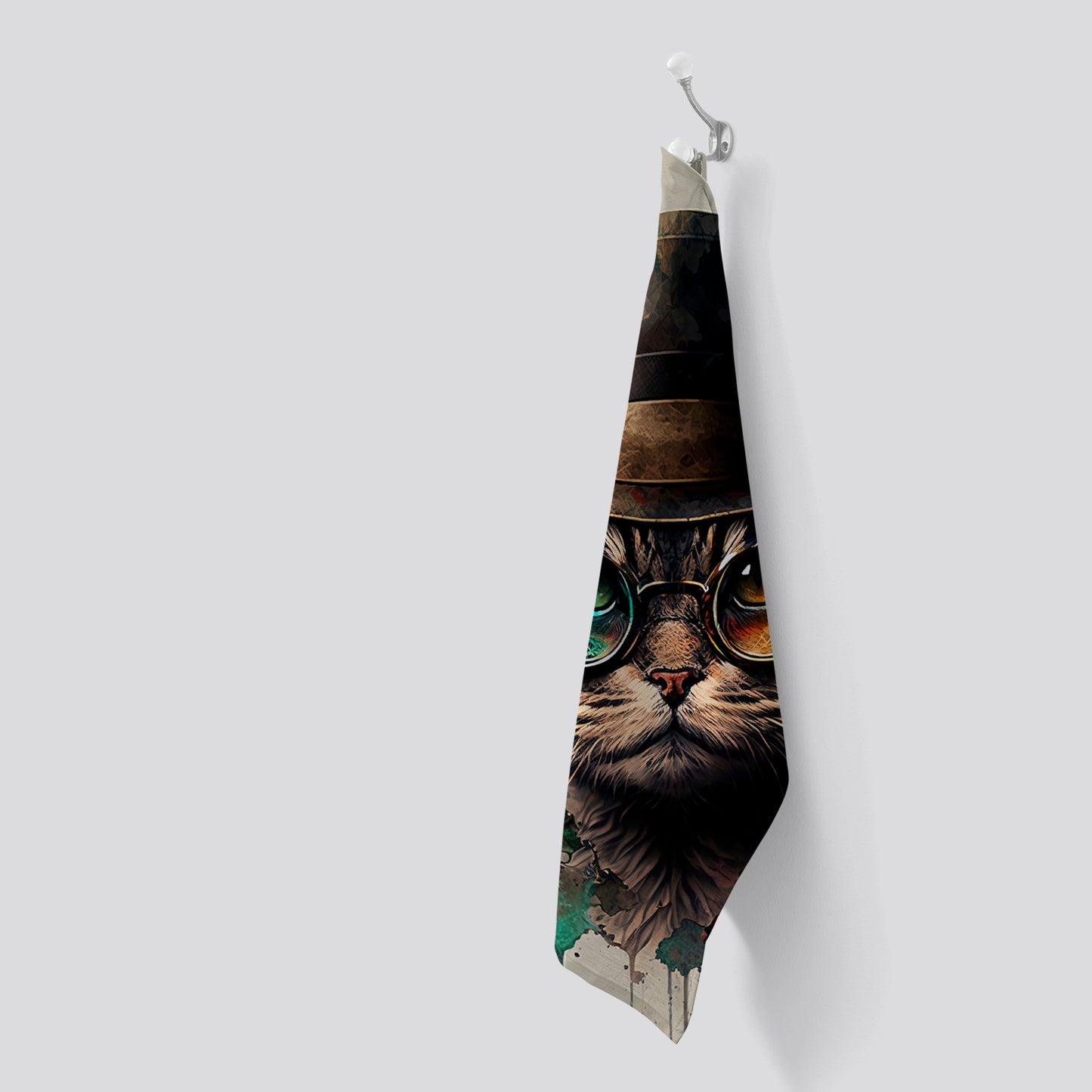 Cat With Glasses And Hat Splashart Tea Towel