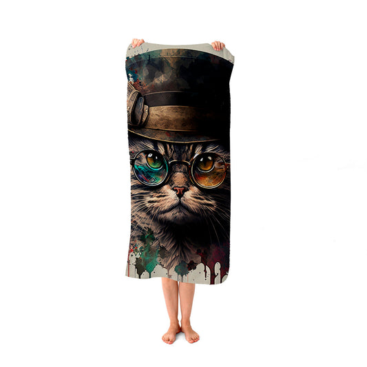 Cat With Glasses And Hat Splashart Beach Towel