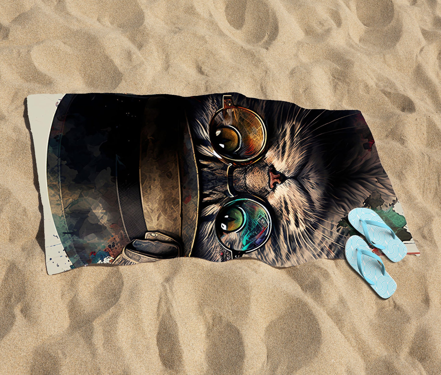 Cat With Glasses And Hat Splashart Beach Towel