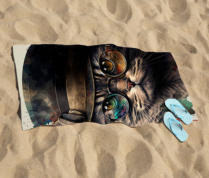 Cat With Glasses And Hat Splashart Beach Towel