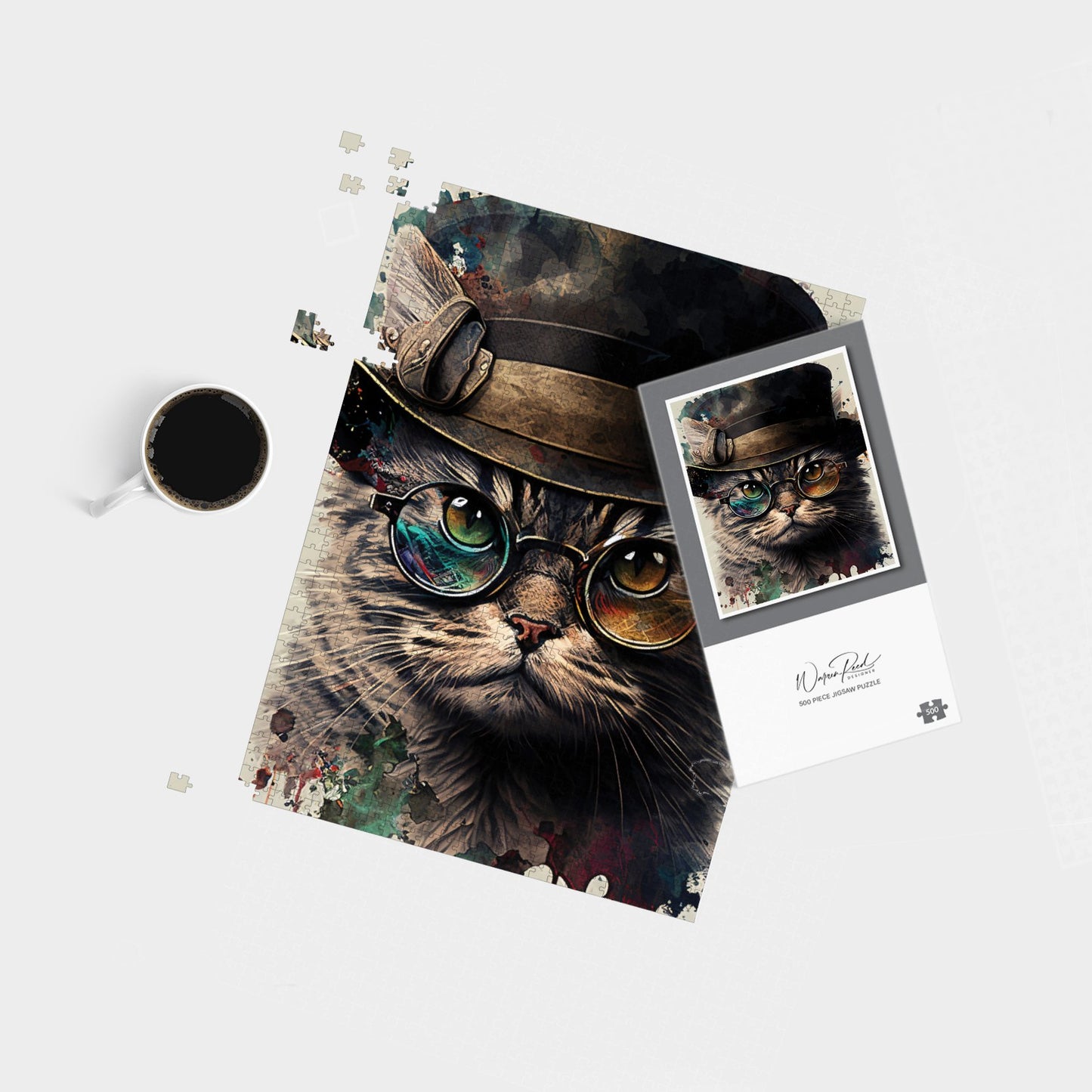 Cat With Glasses And Hat Splashart Jigsaw Puzzle