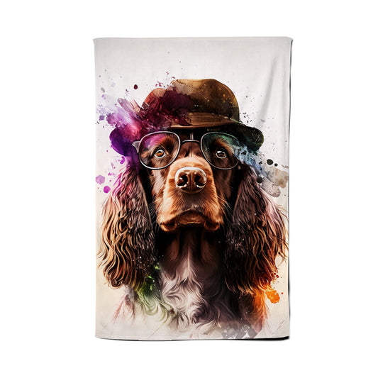 English Cocker Spaniel With Glasses Splashart Tea Towel