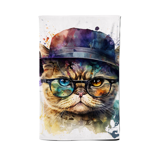 Shorthair Cat With Glasses Splashart Tea Towel