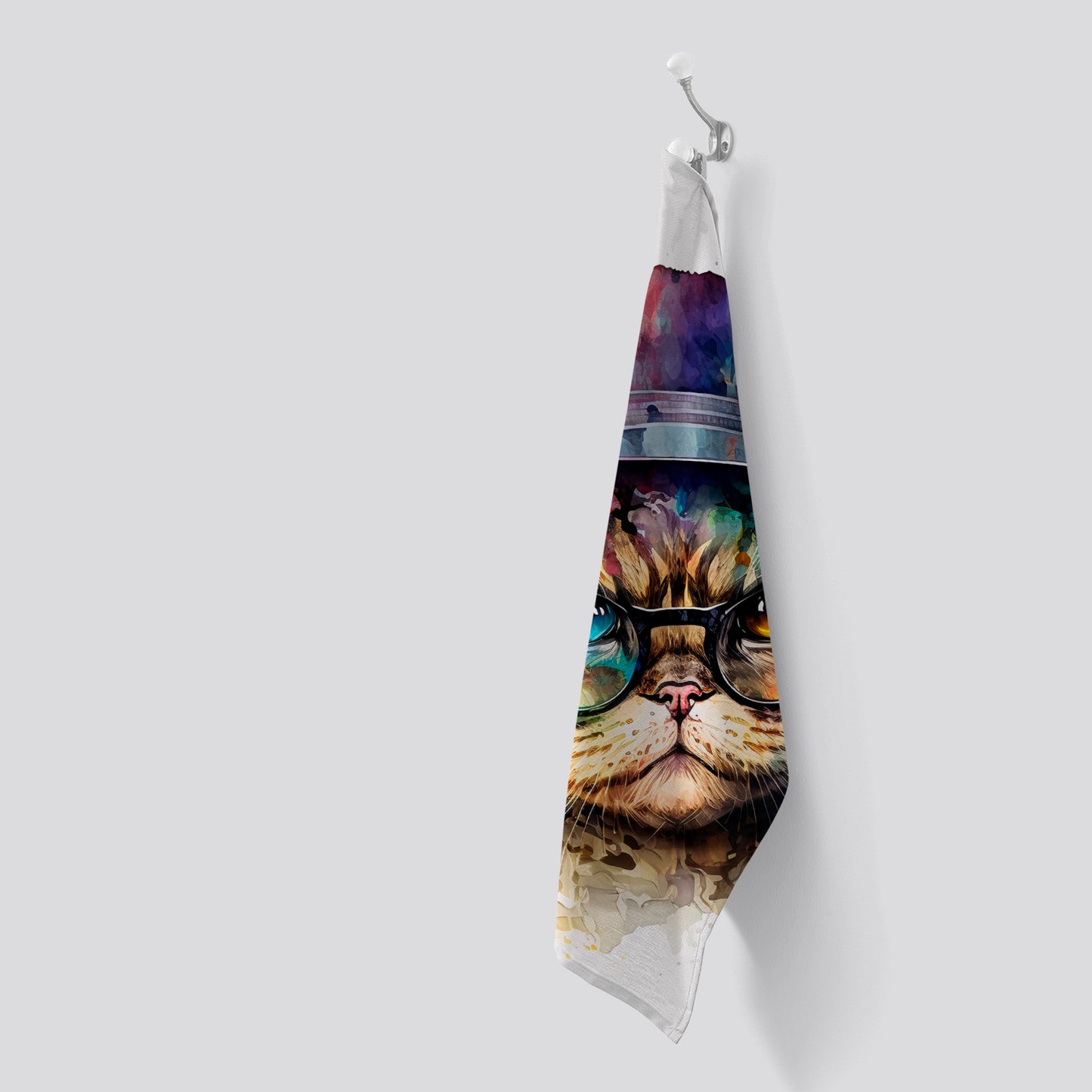 Shorthair Cat With Glasses Splashart Tea Towel