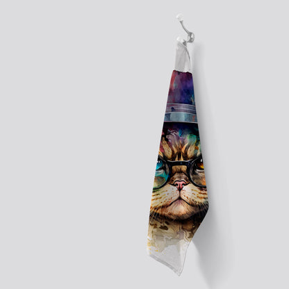 Shorthair Cat With Glasses Splashart Tea Towel