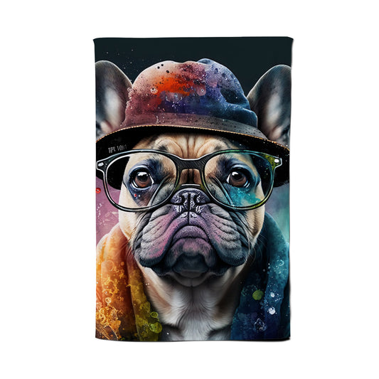 French Bulldog Dog With Glasses Splashart Tea Towel