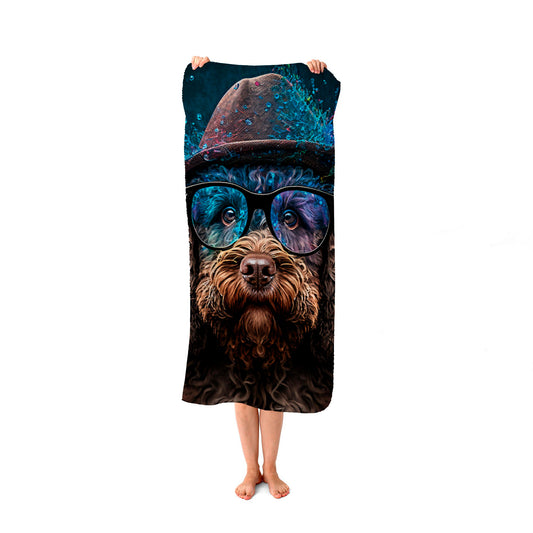 Labradoodle Dog With Glasses Splashart Beach Towel