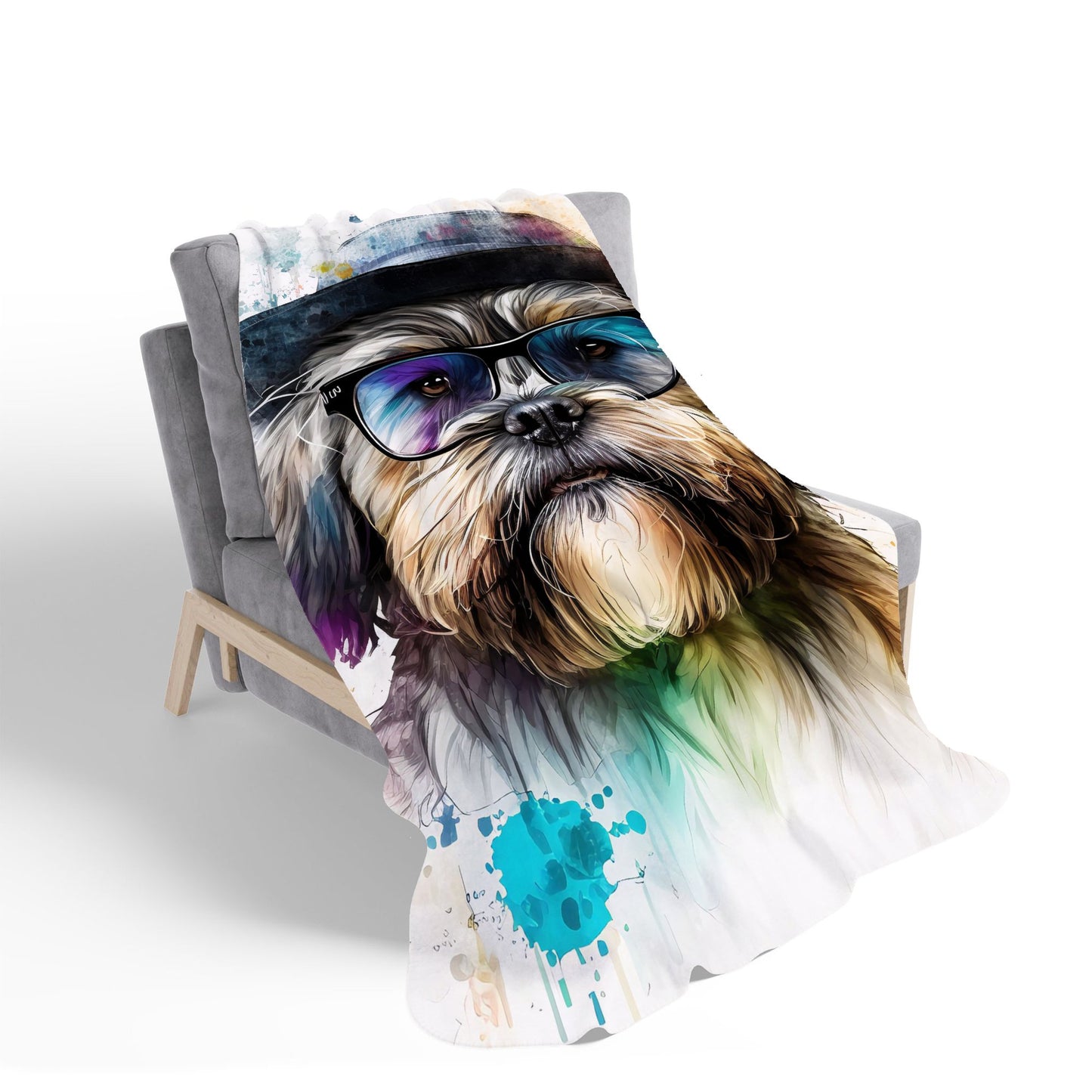 Lhasa Apso Dog With Glasses Splashart Sherpa Blanket