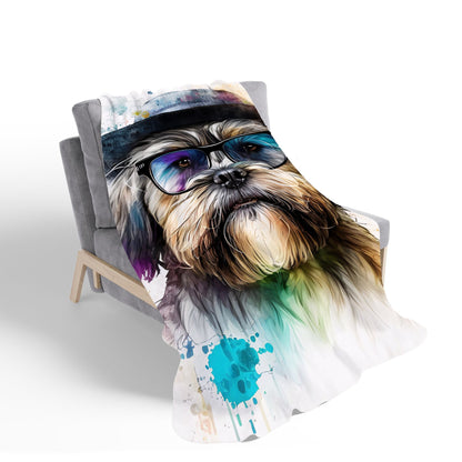 Lhasa Apso Dog With Glasses Splashart Sherpa Blanket