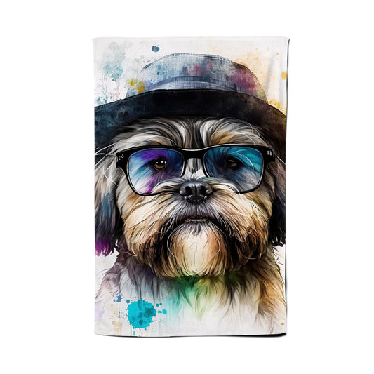 Lhasa Apso Dog With Glasses Splashart Tea Towel