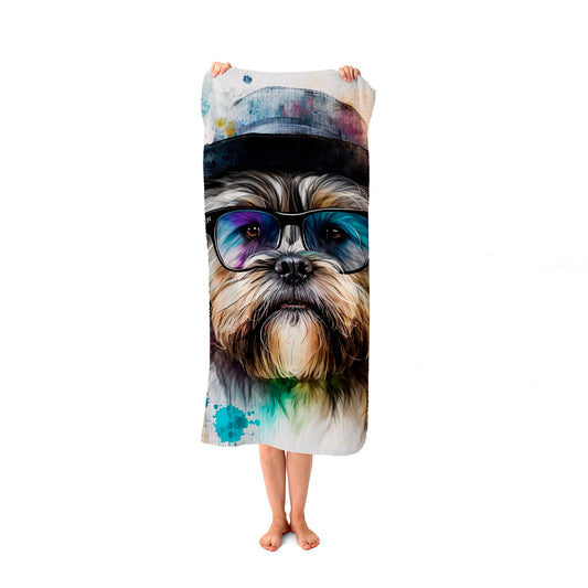 Lhasa Apso Dog With Glasses Splashart Beach Towel
