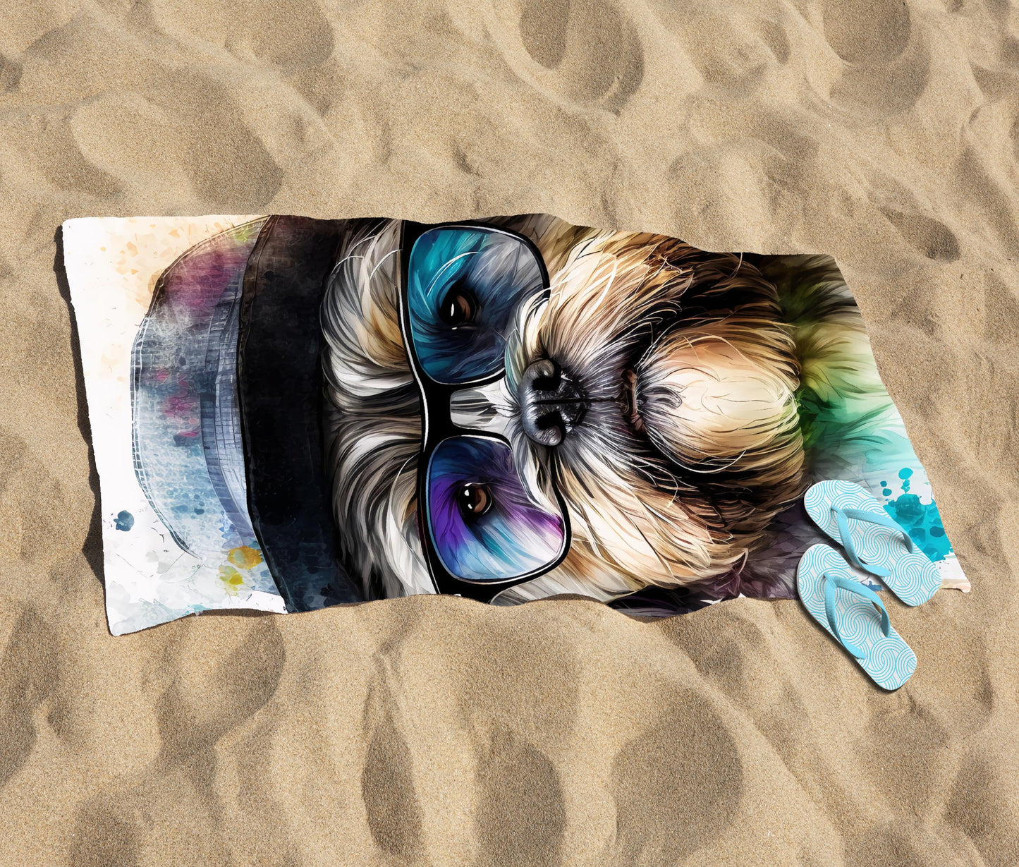 Lhasa Apso Dog With Glasses Splashart Beach Towel