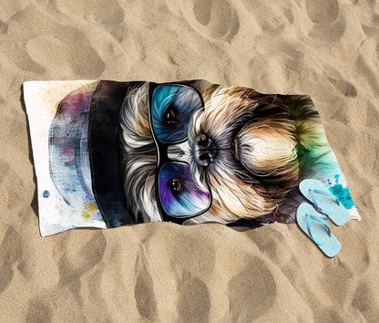 Lhasa Apso Dog With Glasses Splashart Beach Towel
