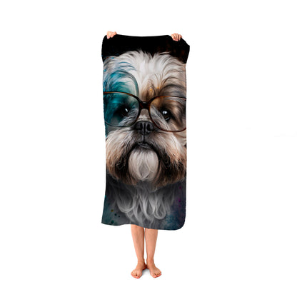 Lhasa Apso With Glasses Splashart Beach Towel