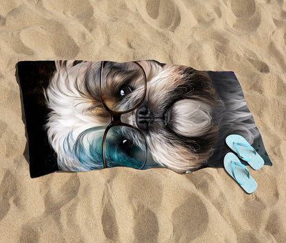 Lhasa Apso With Glasses Splashart Beach Towel