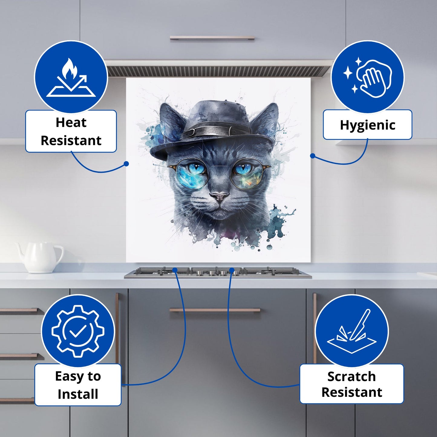 Russian Blue Cat With Glasses Splashart Kitchen Splashback