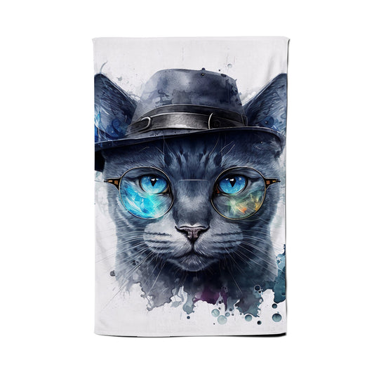 Russian Blue Cat With Glasses Splashart Tea Towel