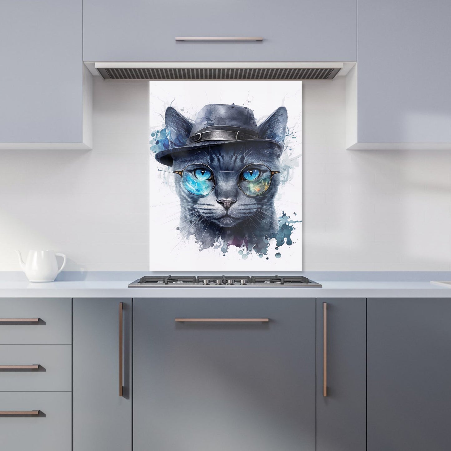 Russian Blue Cat With Glasses Splashart Kitchen Splashback