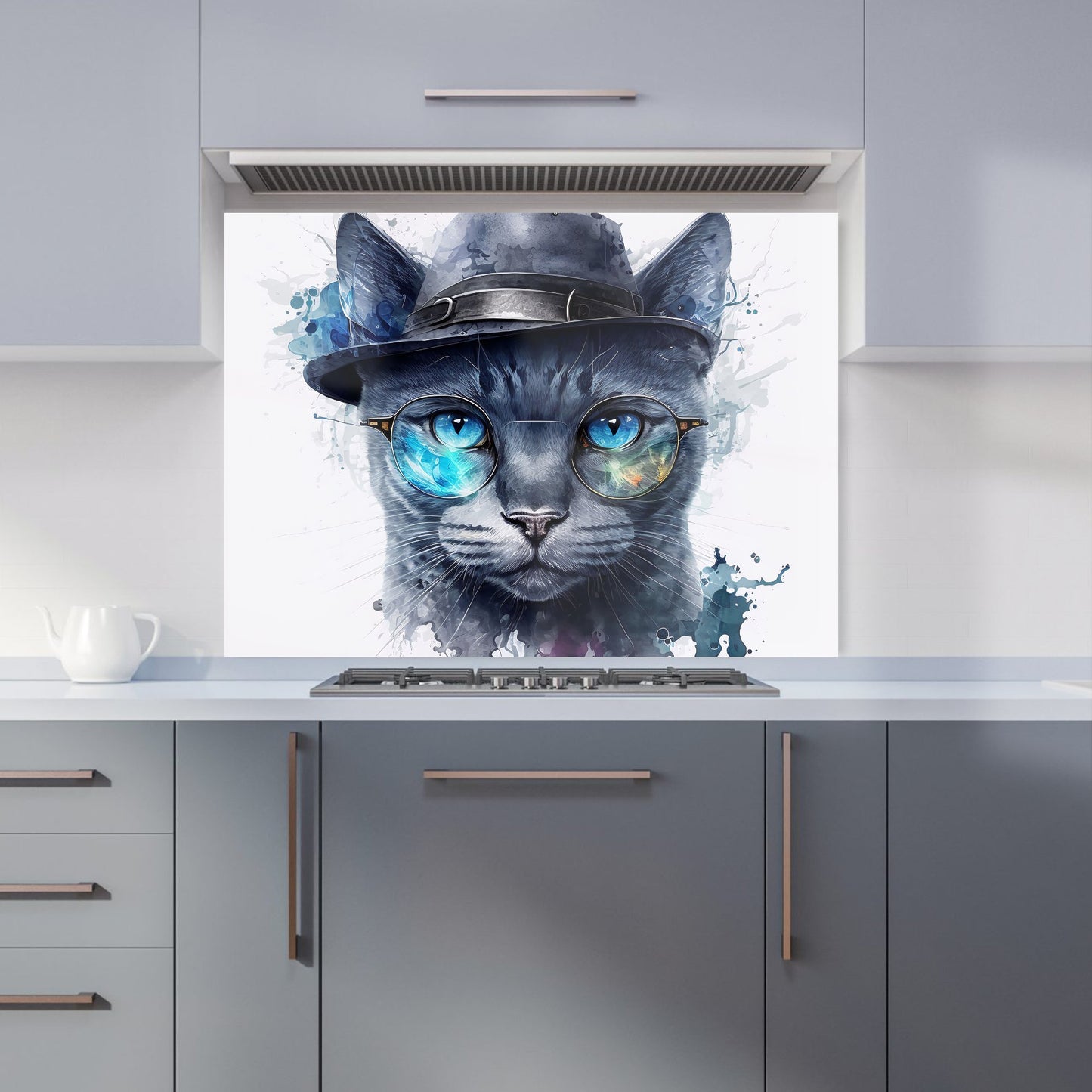 Russian Blue Cat With Glasses Splashart Kitchen Splashback