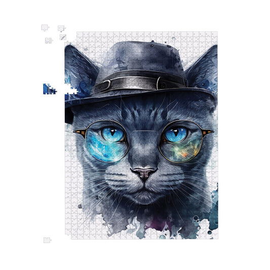 Russian Blue Cat With Glasses Splashart Jigsaw Puzzle