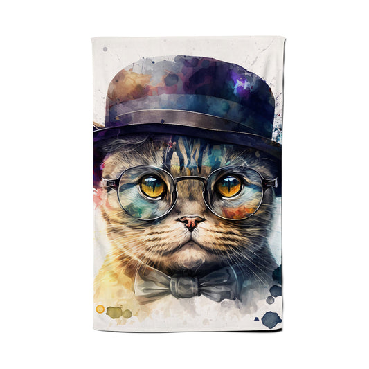 Scottish Fold Cat With Glasses Splashart Tea Towel