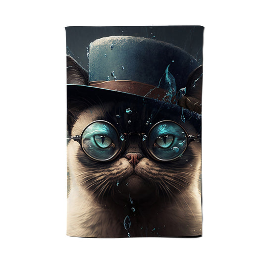 Siamese Cat With Glasses Splashart Tea Towel