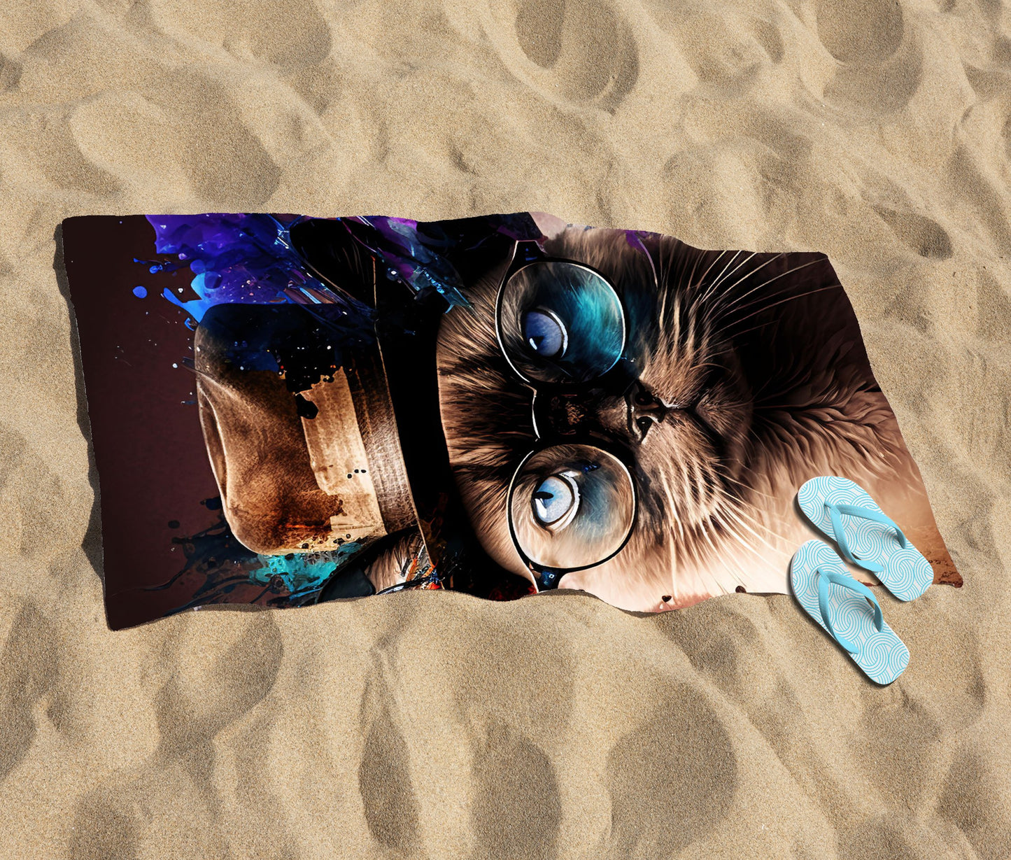 Siamese Cat Face Splashart Beach Towel