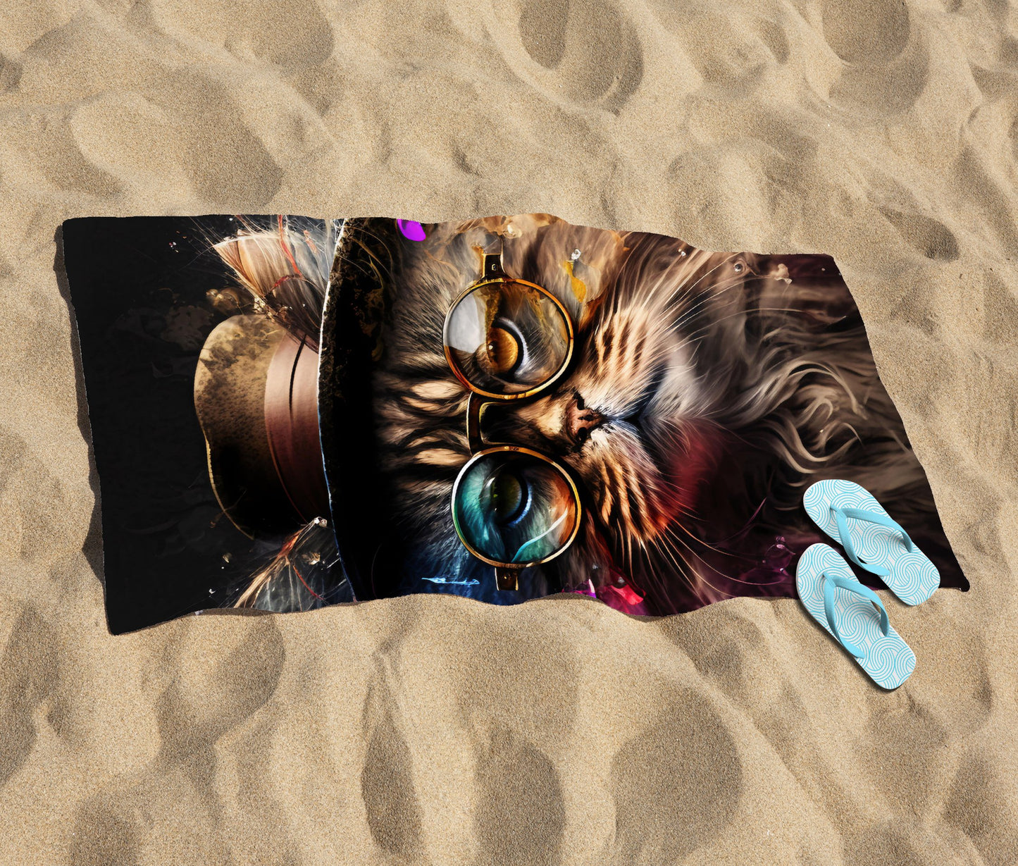Siberian Cat With Glasses Splashart Beach Towel