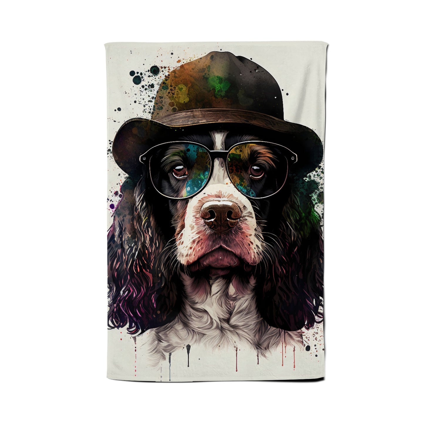 Springer Spaniel Dog With Glasses Splashart Tea Towel
