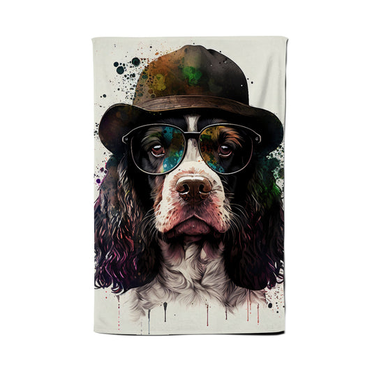 Springer Spaniel Dog With Glasses Splashart Tea Towel