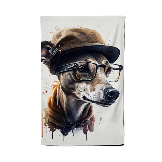 Whippet Dog With Glasses Splashart Tea Towel
