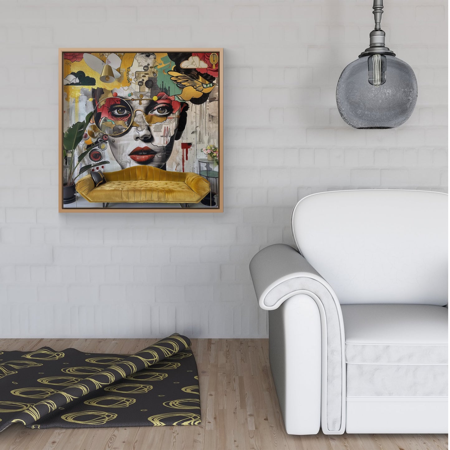 Abstract Face Behind Sofa Framed Canvas
