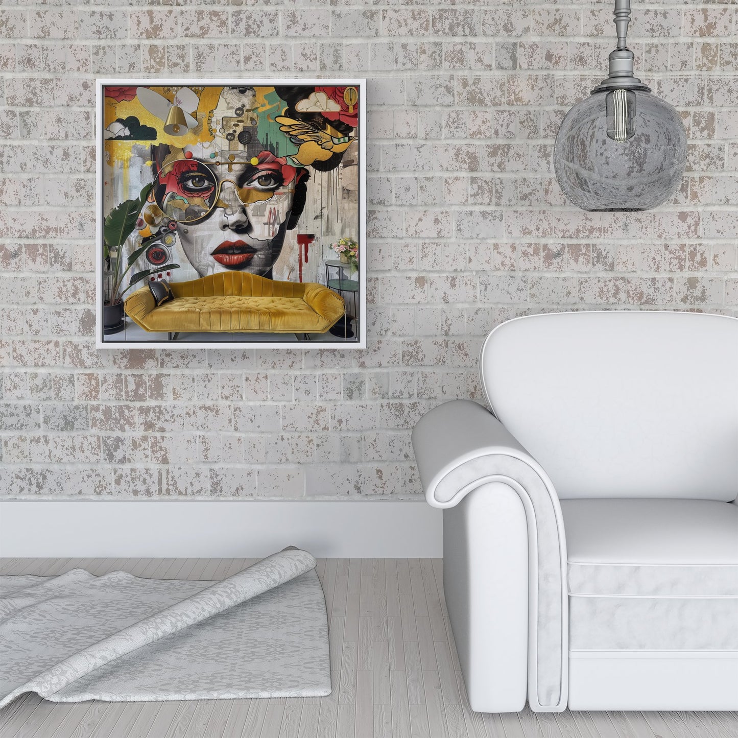 Abstract Face Behind Sofa Framed Canvas