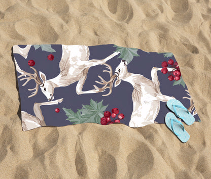 Reindeers And Holly Beach Towel
