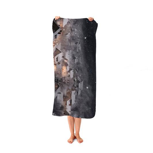Snowfall Over A Quiet Village Beach Towel
